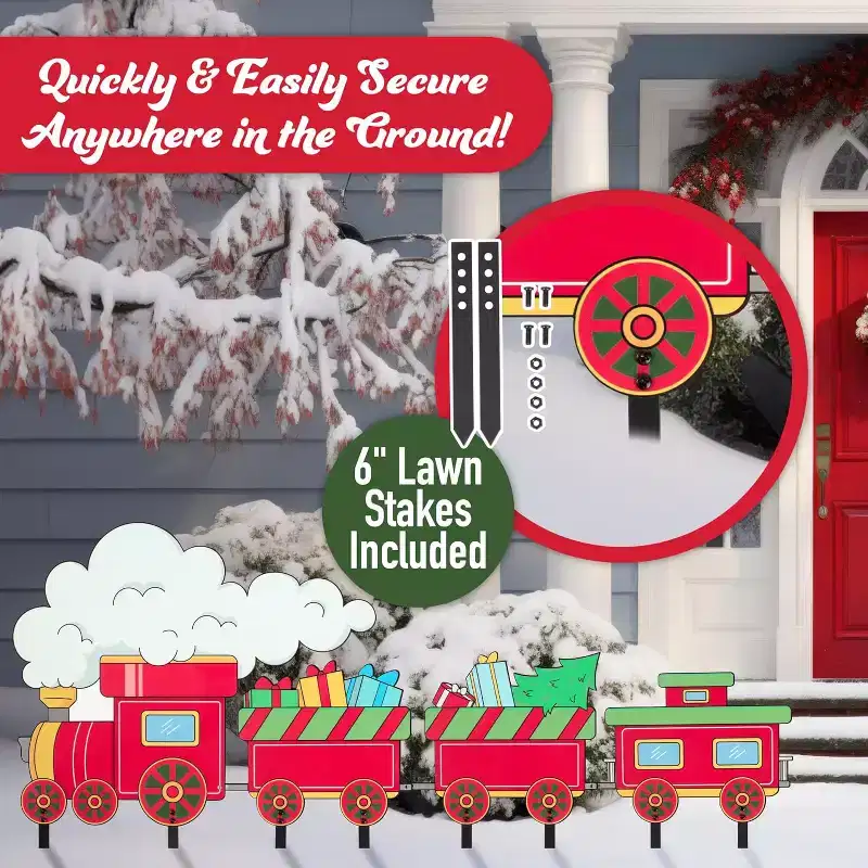 Christmas Metal Yard Signs- Set of 4 Different Train Car Designs- Large 16-Inch Durable Outdoor Xmas Lawn Decorations w Metal Stakes for Easy Set Up