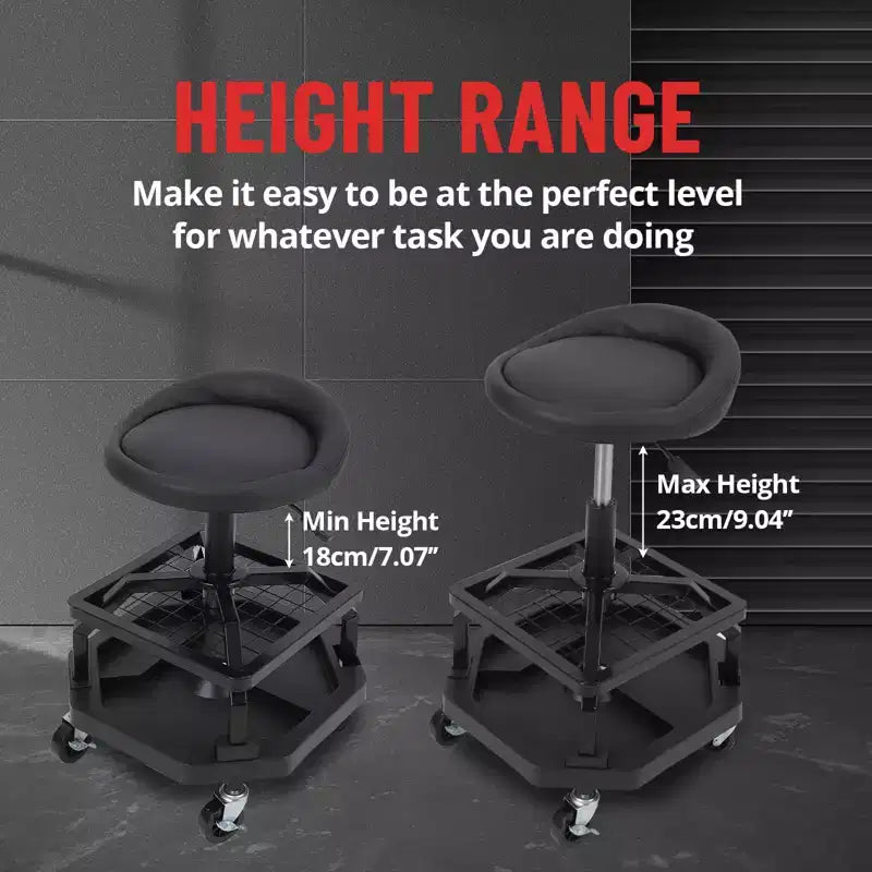 Rolling Shop Stool with Wheels, Double-Layer Mesh Frame Rolling Garage Stool, 330 lbs Weight Capacity