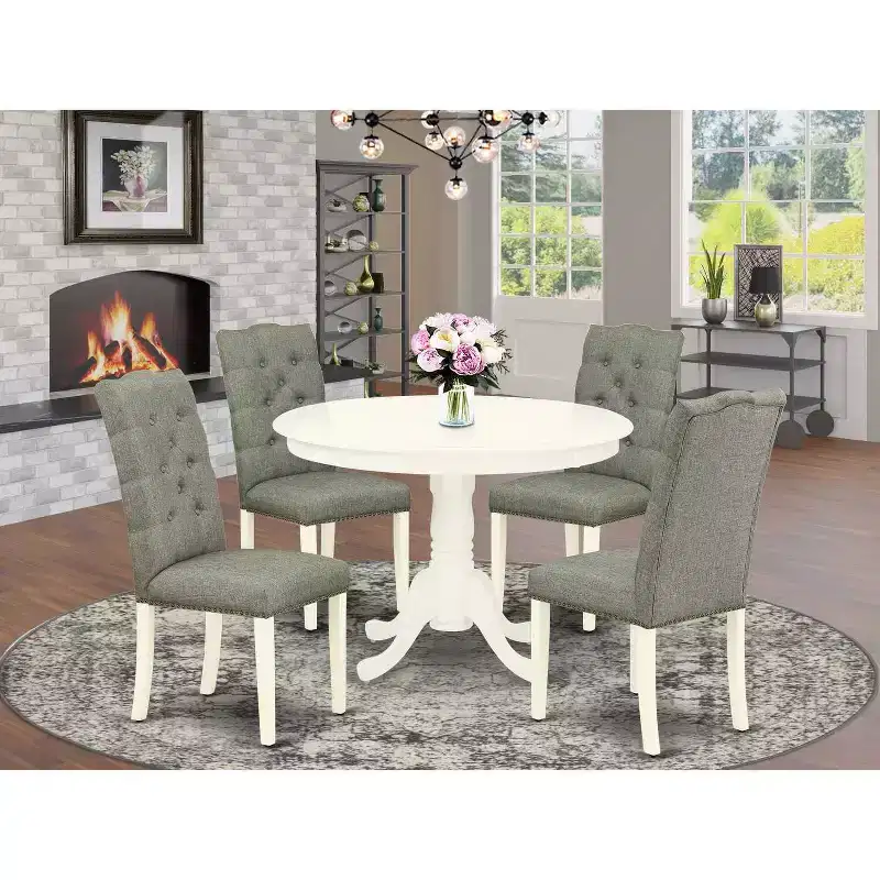 HomeStock 5-Piece Linen White Finish Solid Wood Top Dining Table with 4-Parson Chair