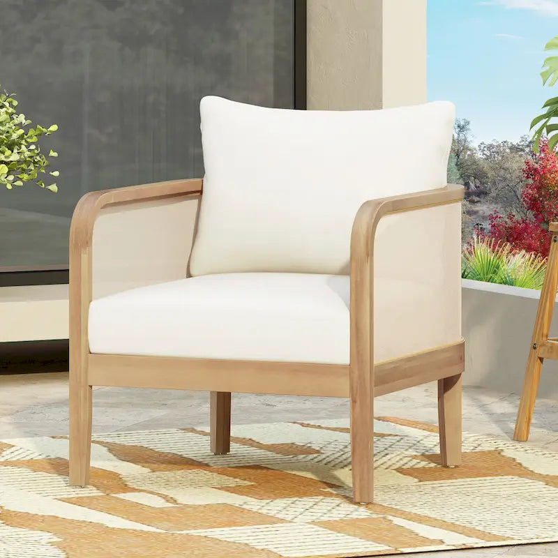 Linksy Modern Acacia Wood Outdoor Club Chair with Beige Cushions by Christopher Knight Home