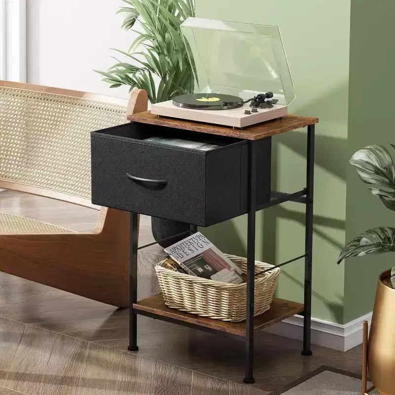 End Table with Fabric Storage Drawer, Bedside Furniture with Steel Frame, Side Table for Bedroom, Dorm, Easy Assembly