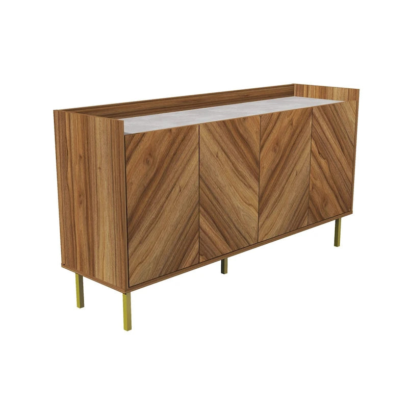 Stone-Top Console Sideboard with Gold Legs & 4-Door Storage
