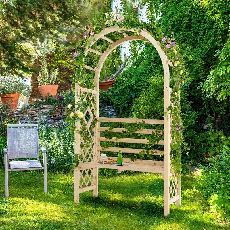 Costway Wooden Garden Bench Arch Pergola Outdoor Arbor w/backrest Patio Trellis Pergola