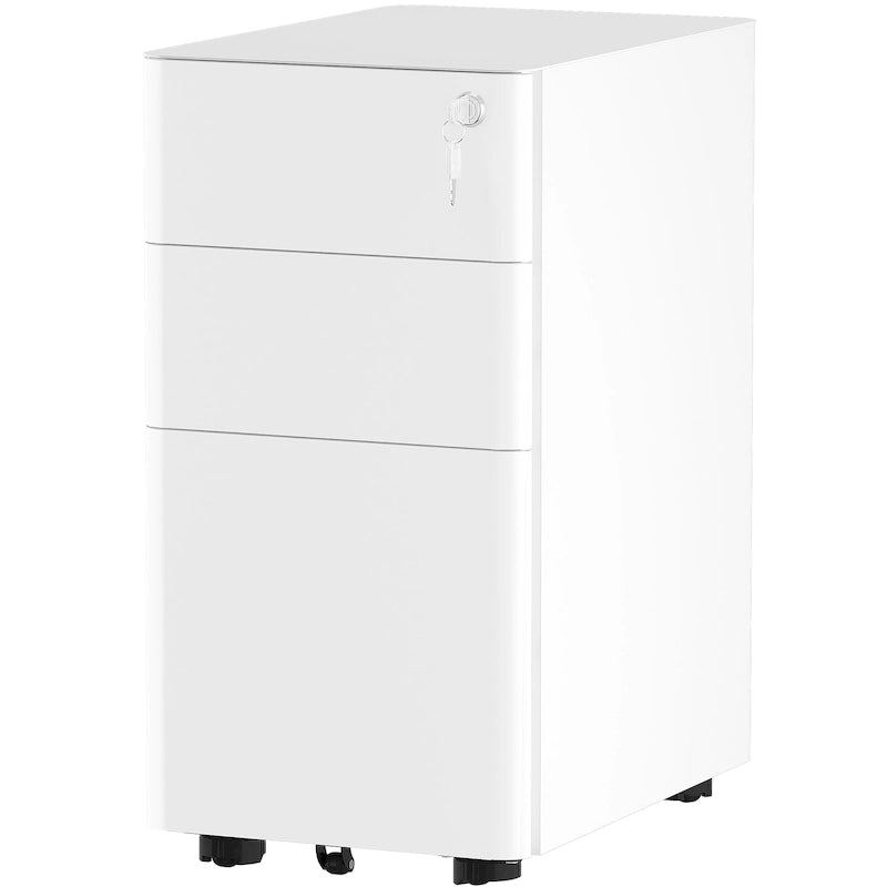 Mobile Steel File Cabinet with Lock Three Drawers White Black