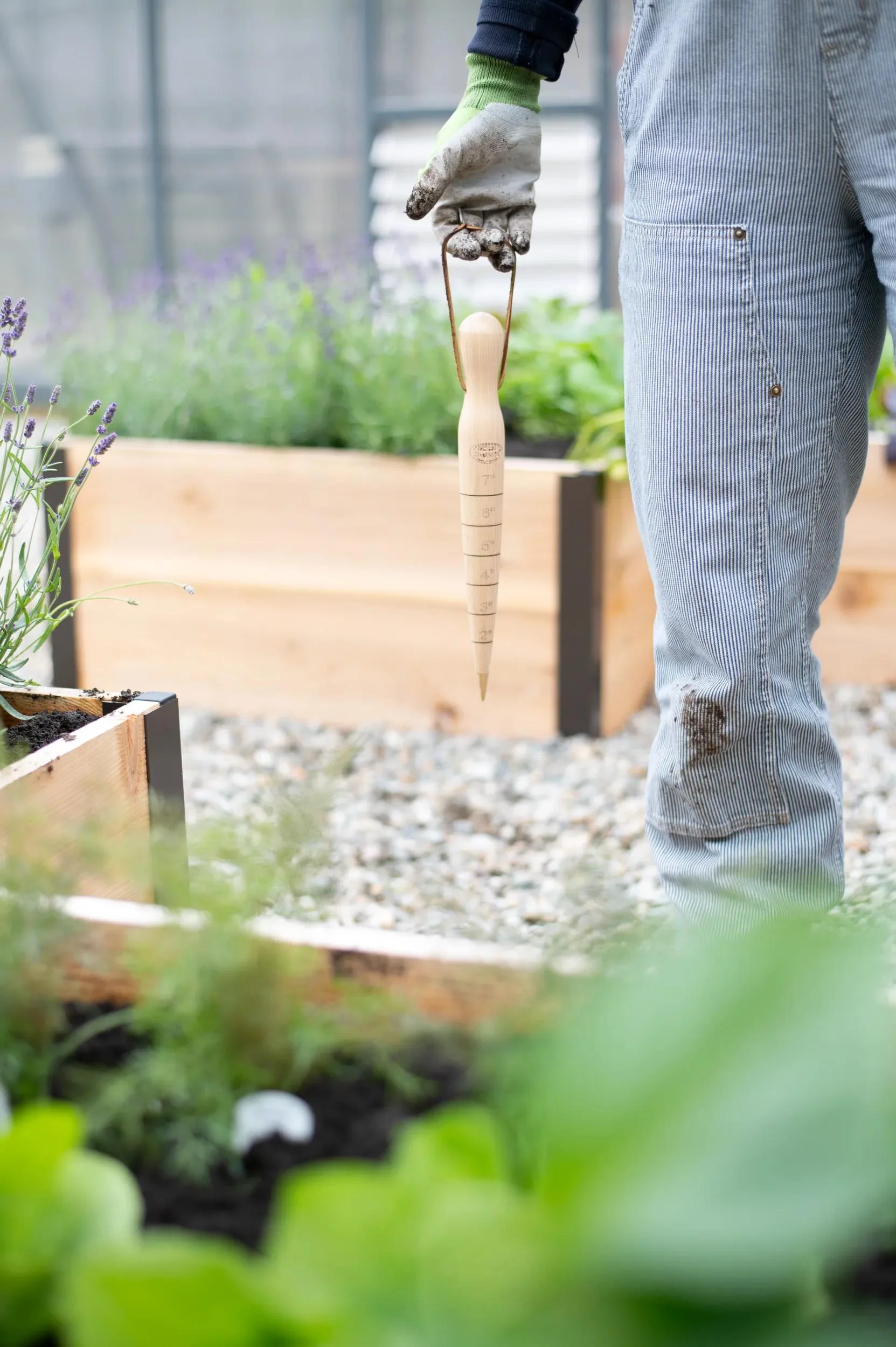 Brass-Tipped Wooden Dibber with Engraved Depth Markers for Seed Planting
