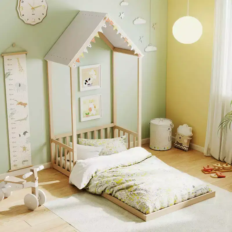 Costway Twin Size House Bed Montessori Floor Bed with House Shape Roof & Semi-Fence Natural/White/Gray