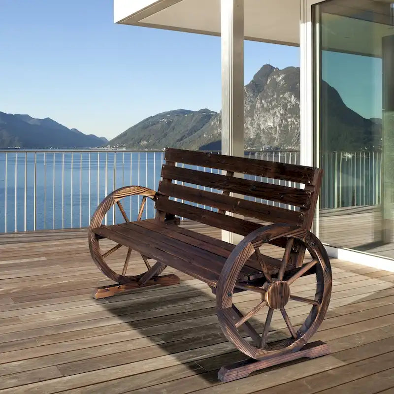 Outsunny Outdoor Patio Wagon Wheel Wooden Bench Chair
