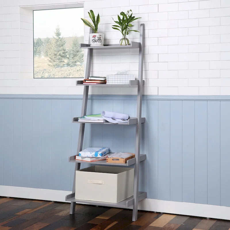 5-Tier Leaning Ladder Shelf Bookcase with Solid Wood Legs