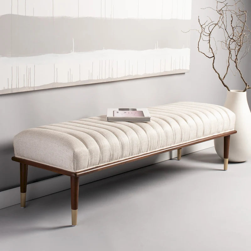 Mid-Century Linen Upholstered Bench with Brass-Capped Wood Legs