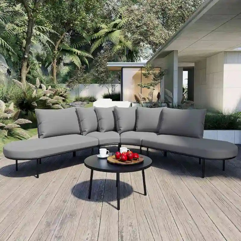Curved Outdoor Patio Sofa Set with Cushions and Coffee Table