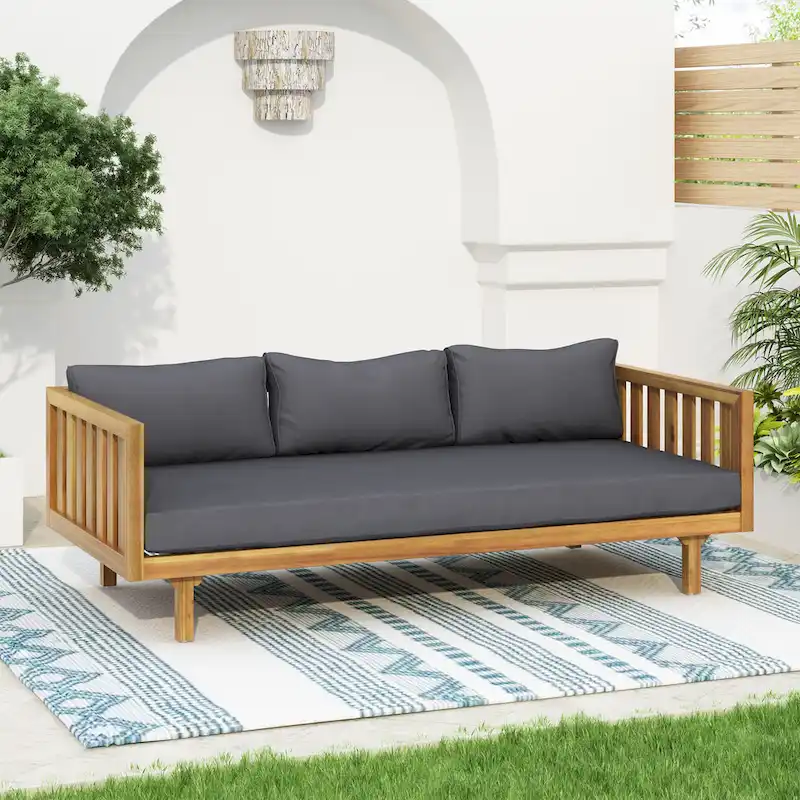 3-Seater Daybed Acacia Wood Frame Water-Resistant Cushions Outdoor Lounger