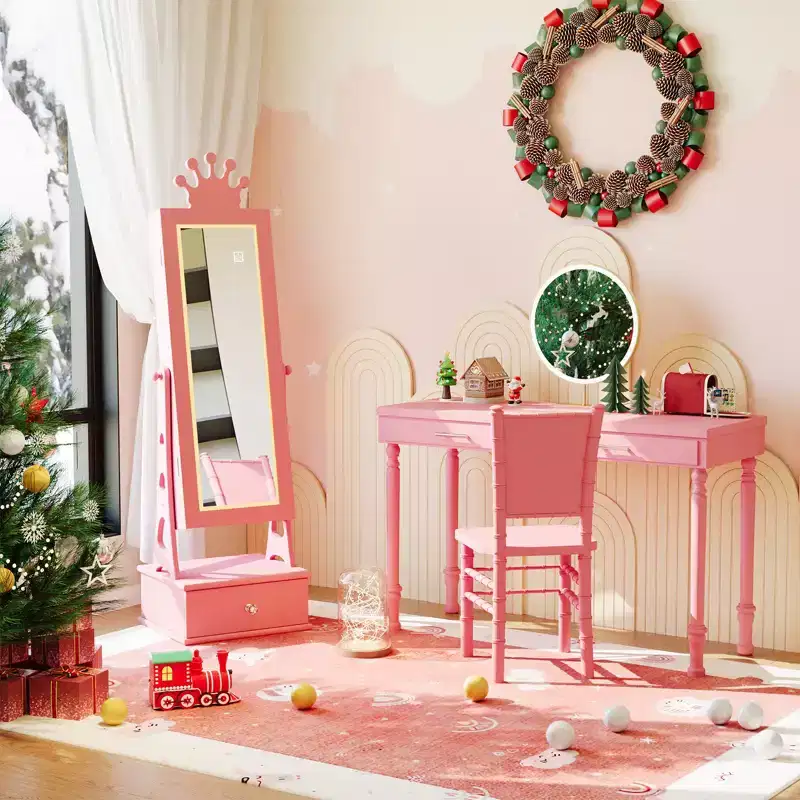 Kids Jewelry Armoire with Full-Length Mirror & 3 Drawers - Girls' Standing Jewelry Organizer & Vanity Dress-Up Cabinet