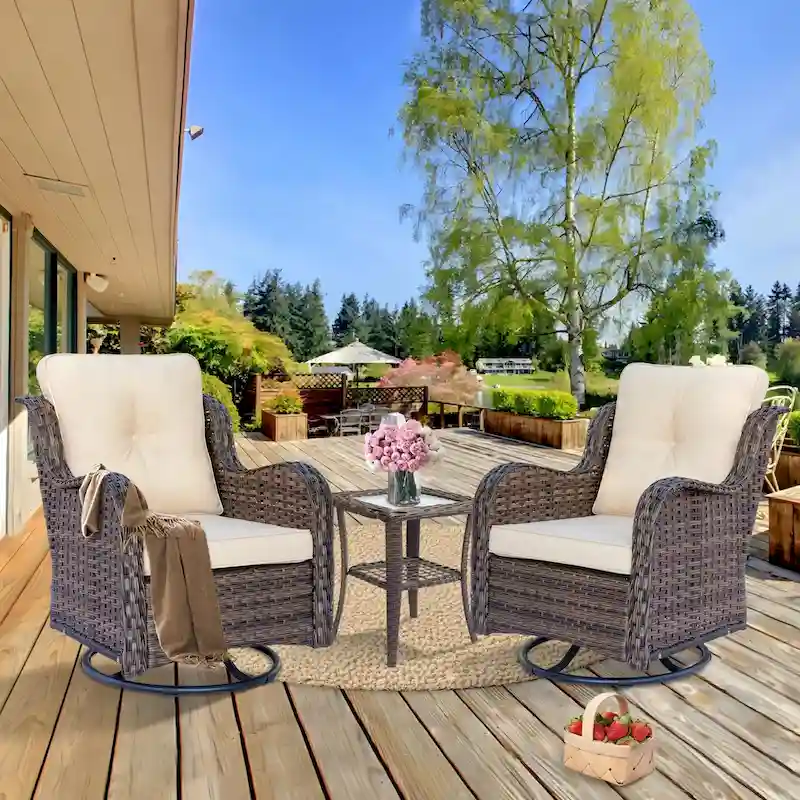 3 Piece Outdoor Patio Furniture Wicker High Back Swivel Chairs Set of 2