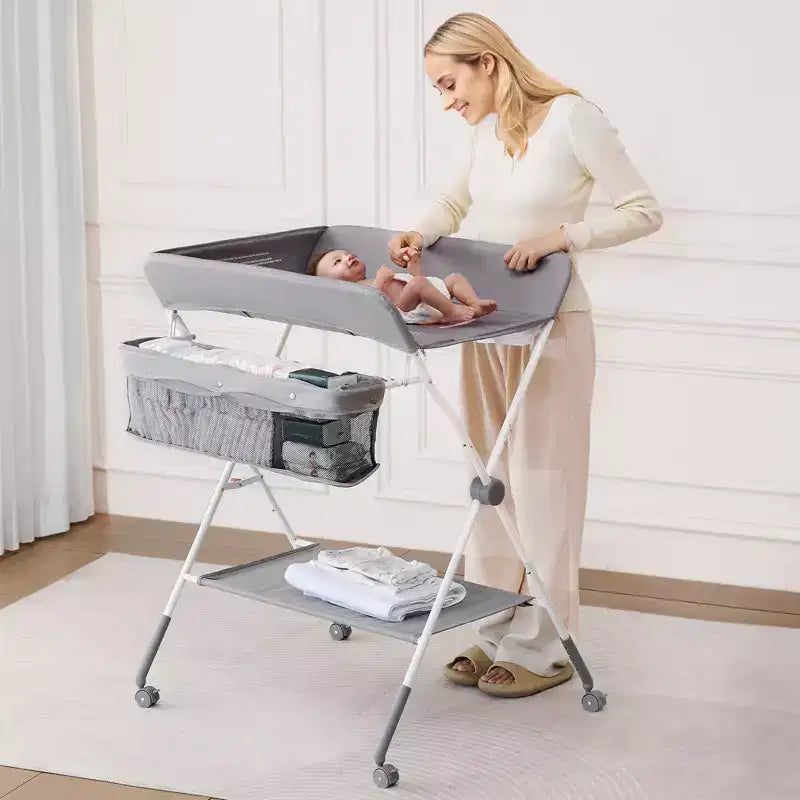VEVOR Baby Changing Table,Foldable Diaper Change Station with Side Basket,Lockable Wheels,Multi-Functional Storage Organizer Nursery,Light Gray