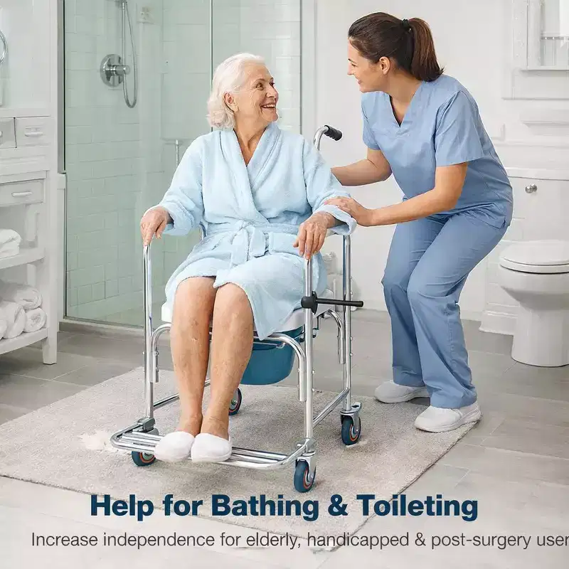 WHLCKS Rolling Shower Chair with Wheels & Commode, Adjustable Bath Transfer Chair for Elderly, Disabled & Handicap, Padded Seat, Locking Casters
