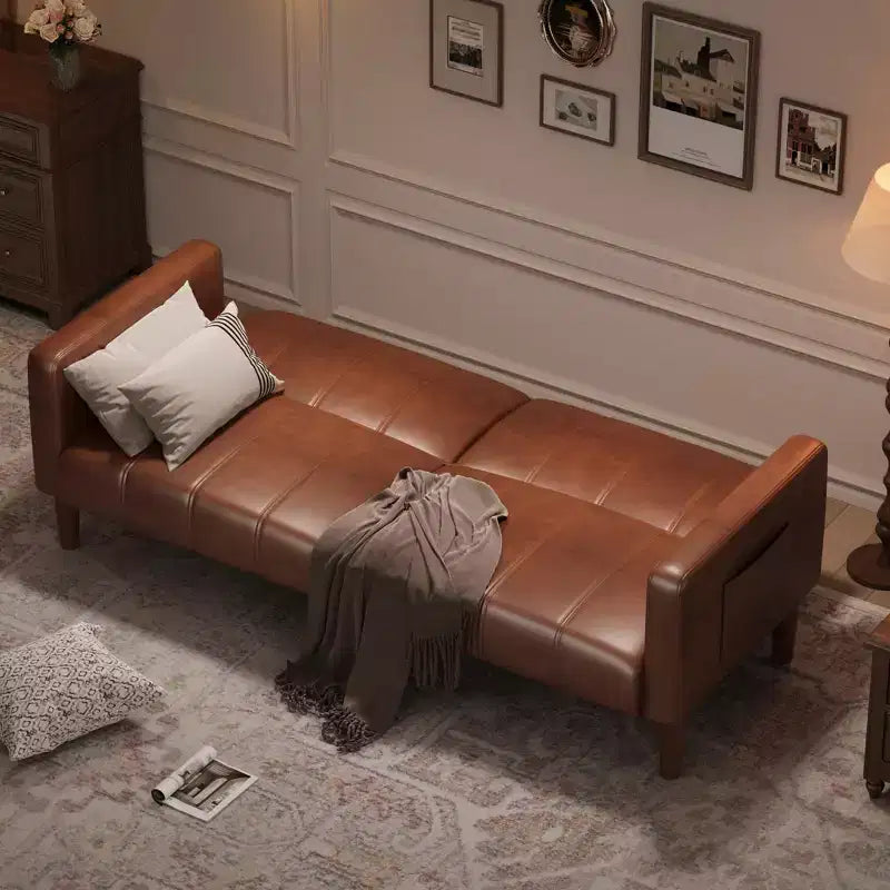 75 Futon Sofa Bed, Convertible Sleeper, Faux Leather Small Couch, Loveseat, Mid-Century Modern Couch for Living Room, Bedroom, Brown