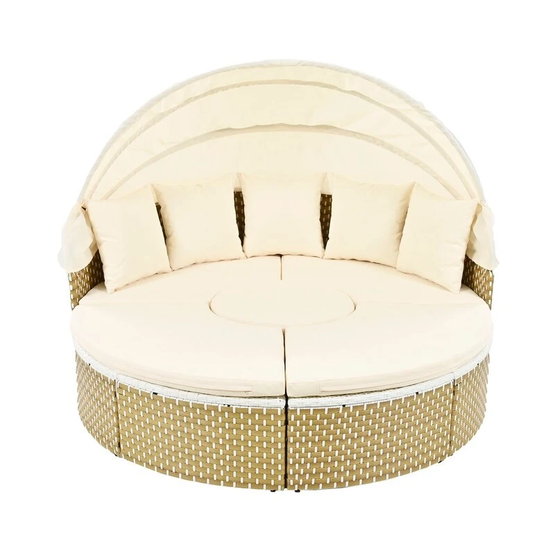 Round Patio Sectional Sofa Set  Two-Tone Rattan Daybed with Retractable Canopy & Modular Seating