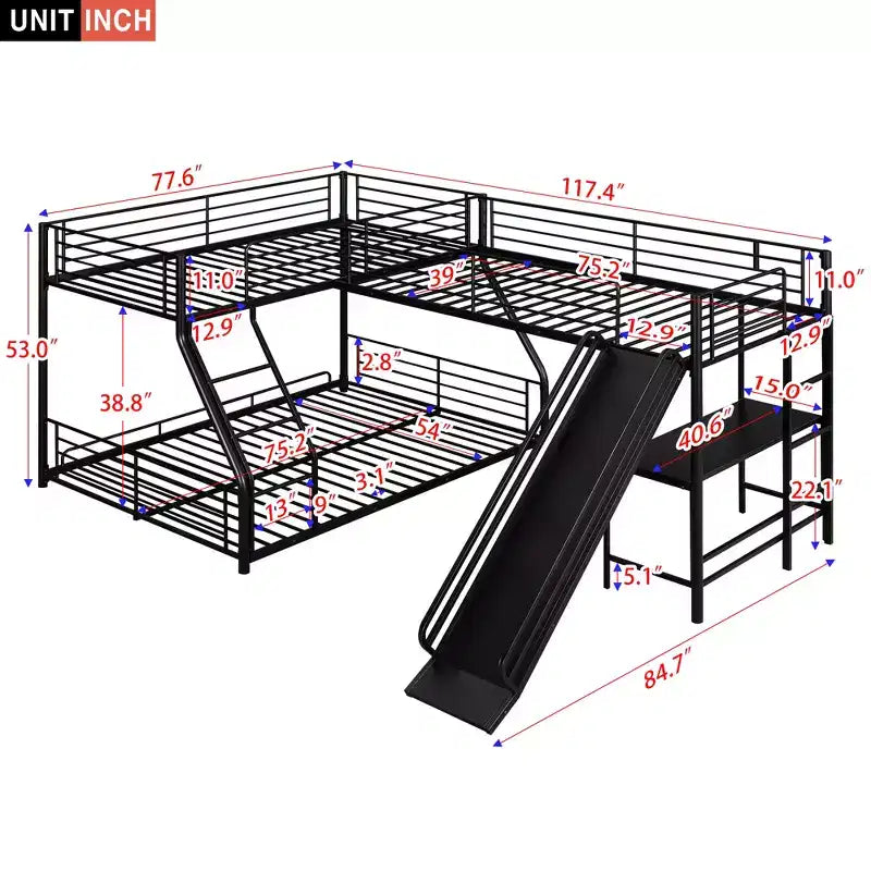 Metal Twin over Full Bunk Bed, L Shaped Bunk Bed for 3 Kids, Heavy-Duty Triple Bunk Bed with Desk and Slide, Black