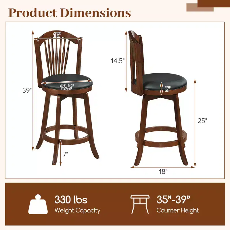 Costway Swivel Bar Stools Set of 2/4, 25 Counter Height Barstools with Backrests, Wood Frame Brown