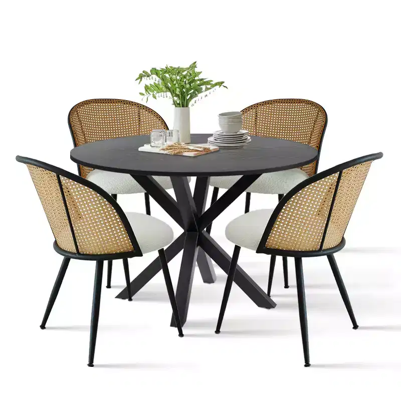 Modern Dining Table Set for 4, Space-Saving Pedestal Table with Boucle Upholstered Chairs, Mesh Rattan Backrest, Apartment Use-Panipeachy
