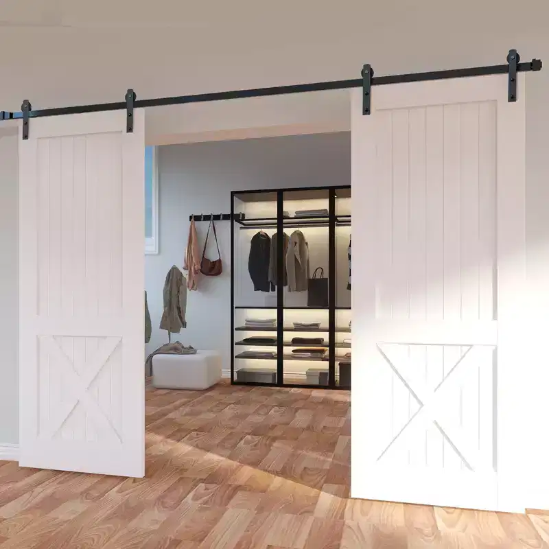 VEVOR 8FT Sliding Barn Door Hardware Kit, 330LBS Heavy Duty Barn Door Track Kit for Double Doors, Fit 3.7-4.3FT Total Wide and 1.3-1.8 Thick,Black