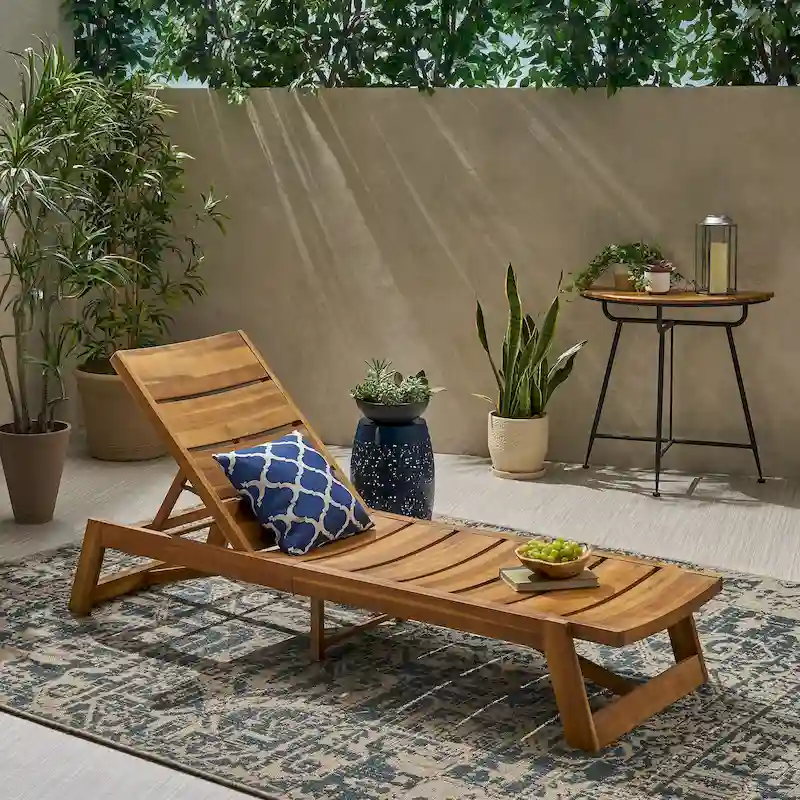 Maki Chaise Lounge Yellow Brown Acacia Wood Adjustable Outdoor Patio Furniture with Metal Frame 78in