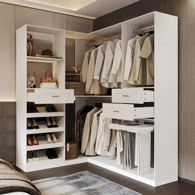 Corner Wardrobe Closet with 2 Hanging Rods, Pants Rack, and Shoe Storage Organizer Armoires