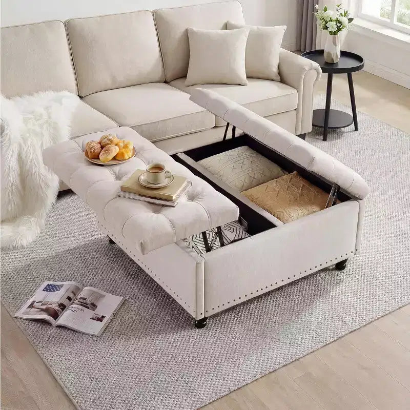 Large Square Storage Ottoman with Lift Top, 300 LBS Tufted Upholstered Ottoman Coffee Table Bench with Sturdy Wood Legs, Multi-Functional Storage Box