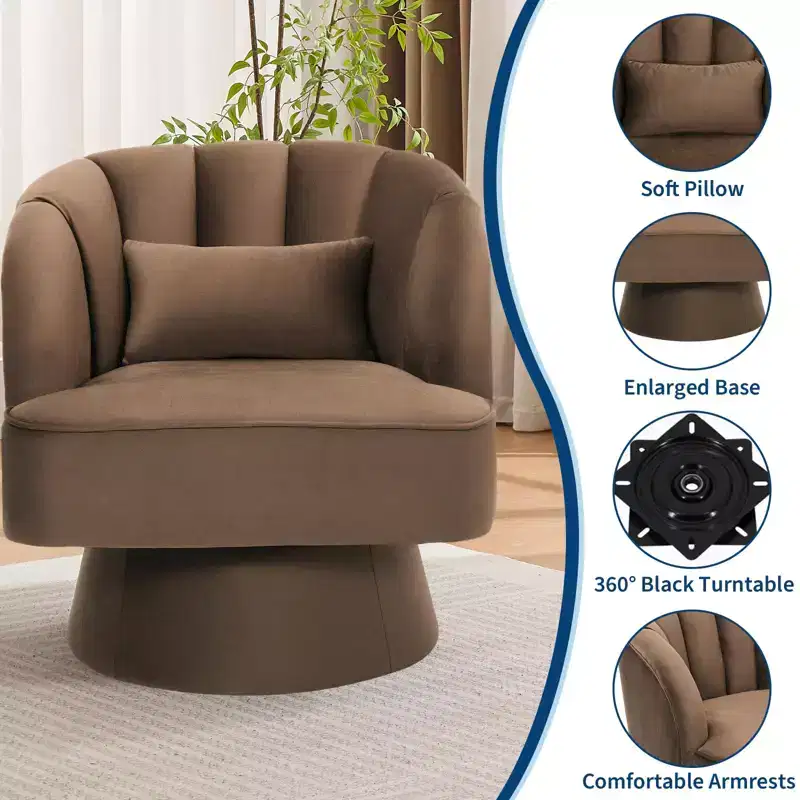 Modern Swivel Barrel Accent Chair, 360 Degree Velvet Upholstered Armchair with Striped Backrest & Plush Padding, Comfy Round Lounge Chair 2 PCS
