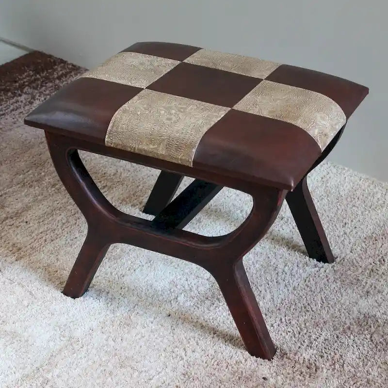 Rectangular Vanity Stool, Faux Leather Upholstery, Dark Brown Finish, 4-Leg Frame