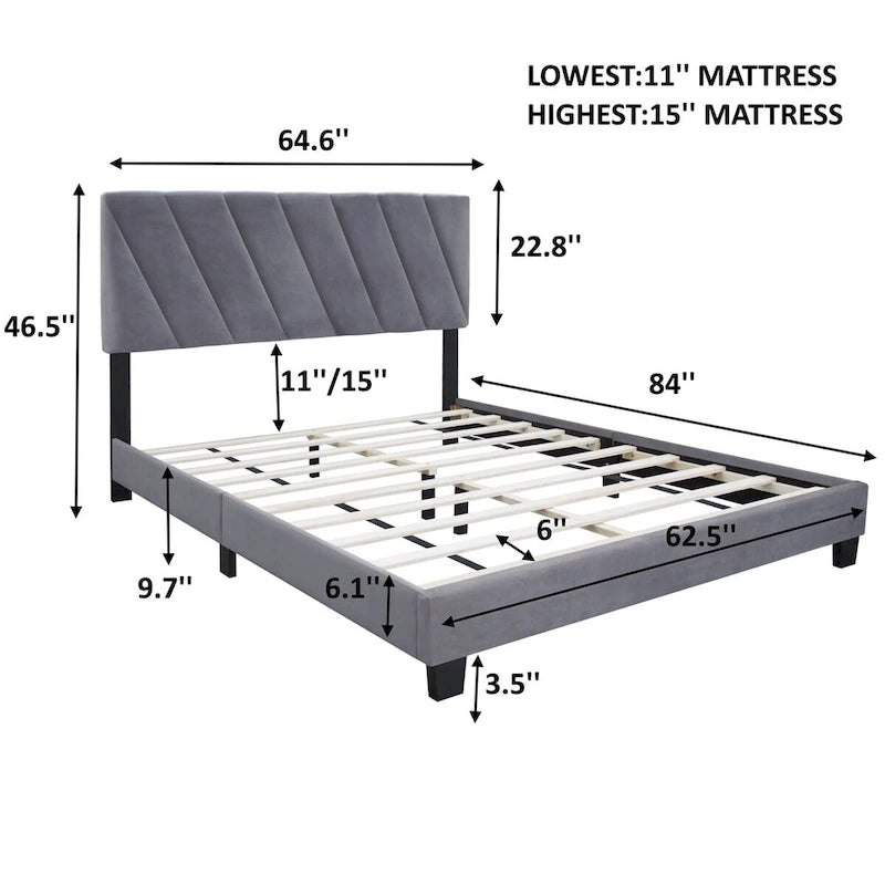Grey Queen Upholstered Platform Bed with Adjustable Headboard, for 1-2 Person
