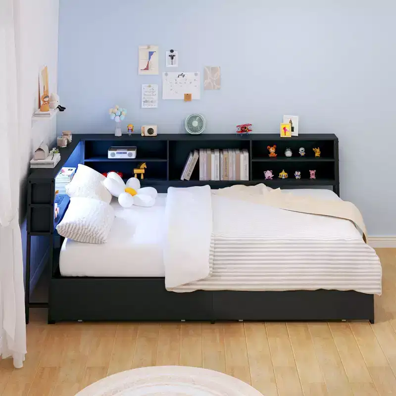 Kids Daybed Corner Bed Frame with Storage Bookcase & LED Light, Modern Bookcase Platform Bed, No Box Spring Needed
