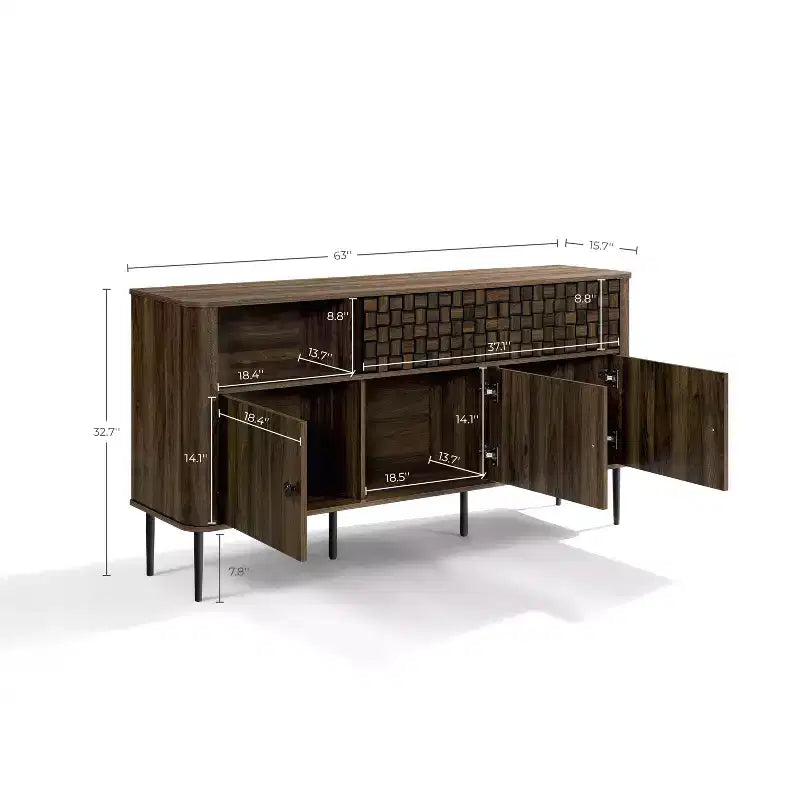 LuxenHome Dark Oak Manufactured Wood with Basket Weave 3-Door and 2-Sliding Door Sideboard Cabinet