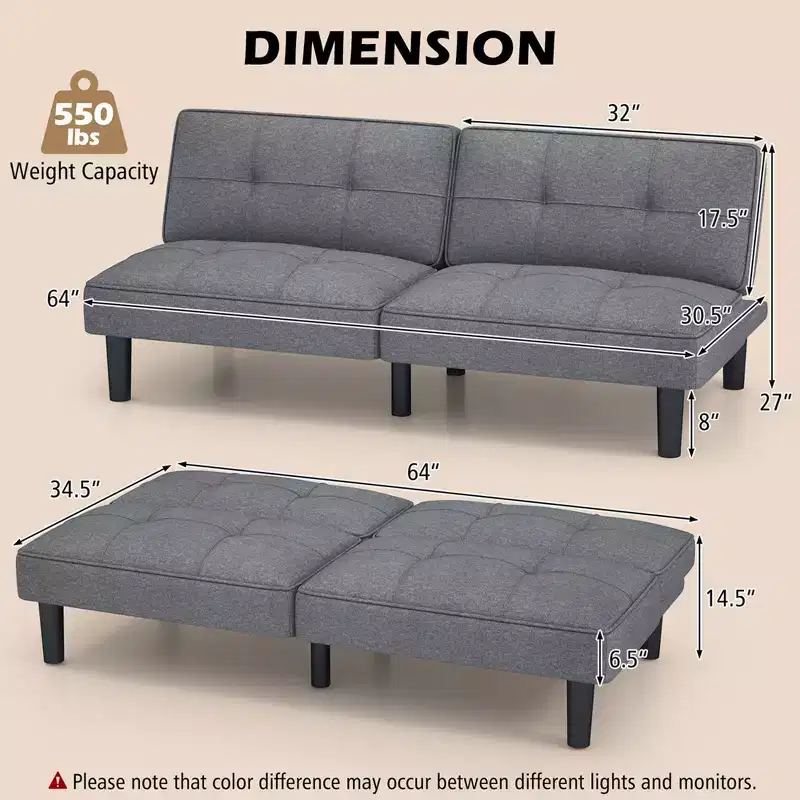 Costway Convertible Folding Futon Sofa Bed with 6-Position Adjustable Backrest Cushion