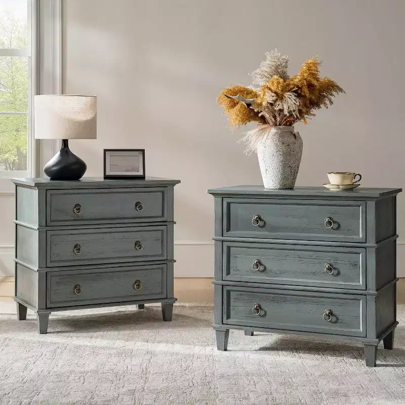Helena 28W 3-Drawer Solid Wood End Table Set of 2 with Built-in Charging Station|HULALA HOME