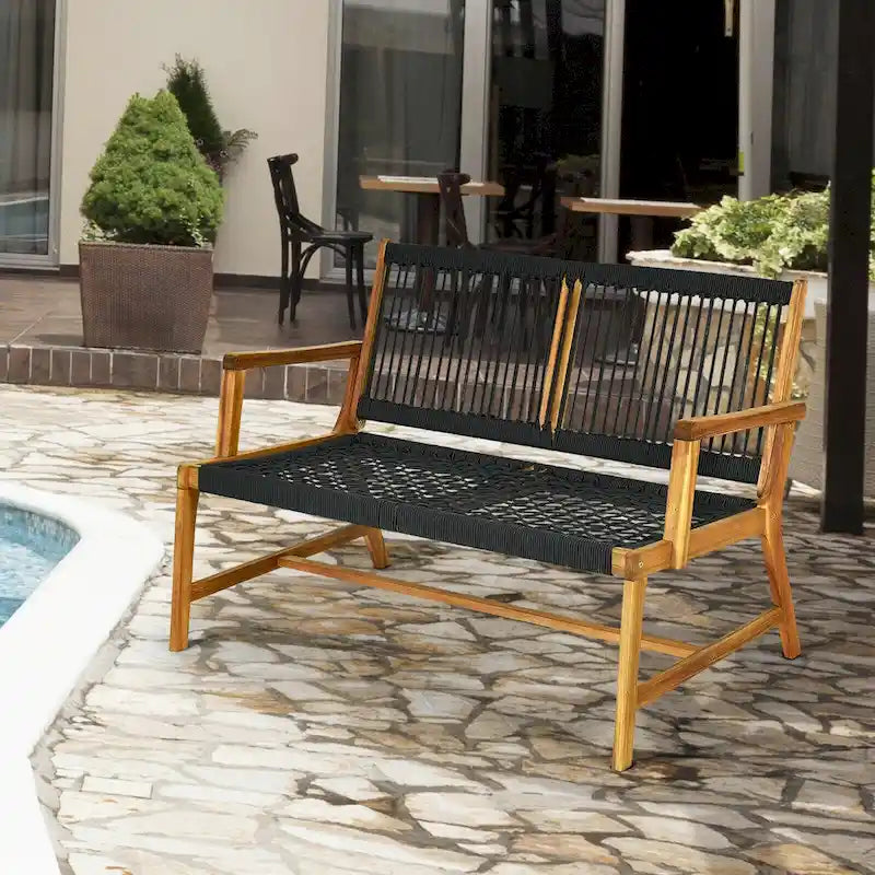 Gymax Wooden Rope Bench Loveseat Patio Garden Outdoor w/ Backrest & - 46.5 x 29.5 x 32