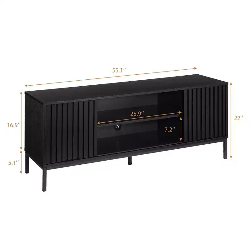 Mid Century Modern TV Table for TV's Up to 65 Inch, Entertainment Center TV Cabinet with Storage and Sliding Doors for Living Room Bedroom, Black