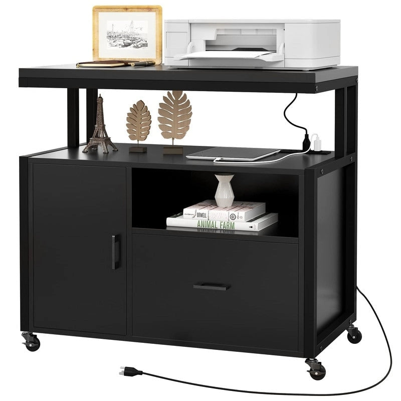Black Wood Finish Rolling Office Storage Cabinet with Drawer and Power Outlets