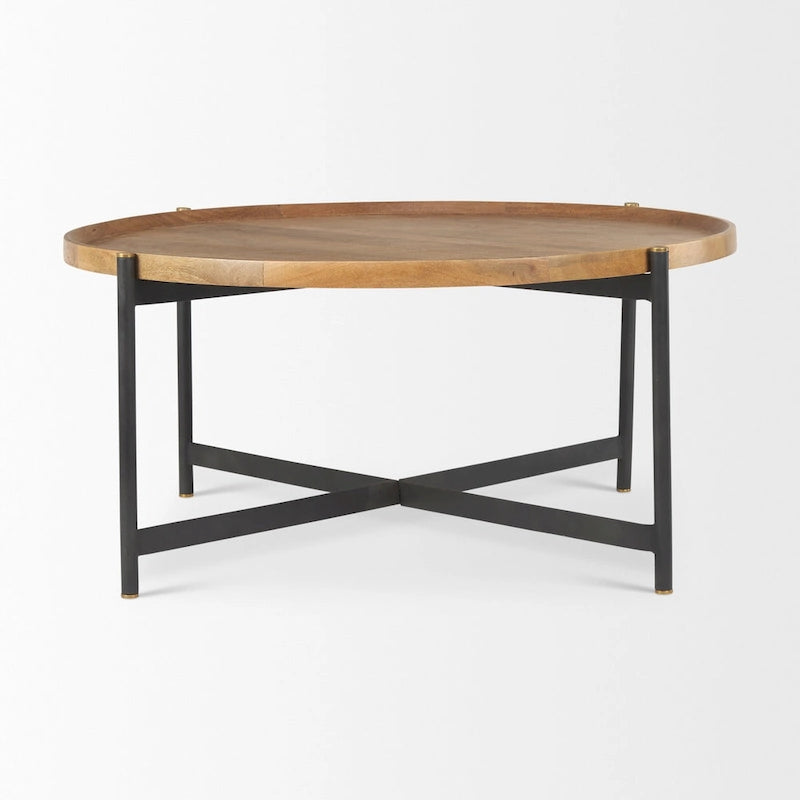 Medium Brown Solid Wood Round Coffee Table, Black Iron Frame, 42x42x19