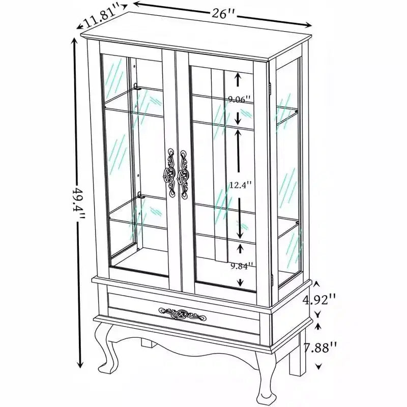 Lighted Glass Cabinet for Home Office, Display Cabinet with Glass Doors and Lights, Wine Cabinet with Adjustable Glass Shelves, 2 Doors, and 2 Drawer