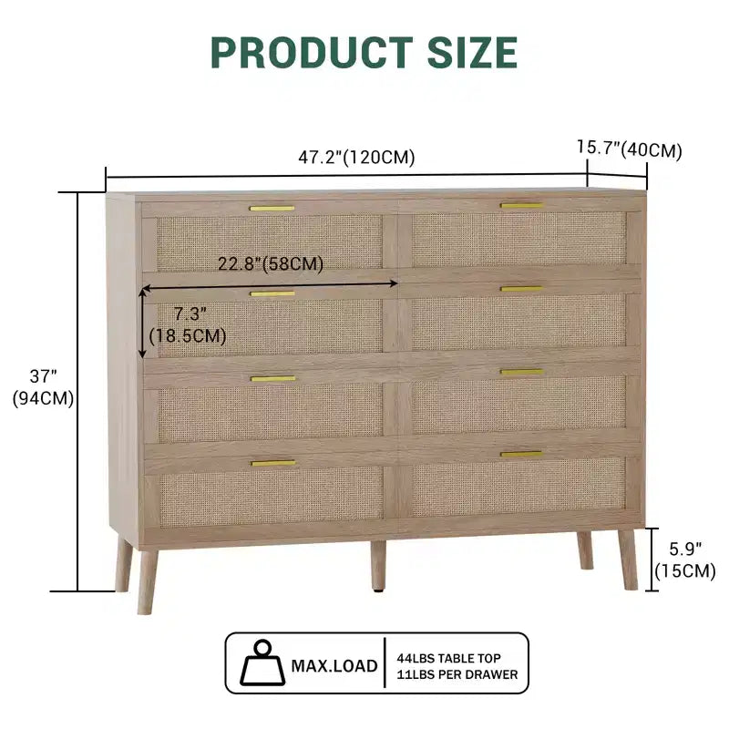 8-Drawer Rattan Dresser Chest,Mid-Century Modern Storage Cabinet with Handles, Large Tabletop for Bedroom, Living Room, Hallway Organization