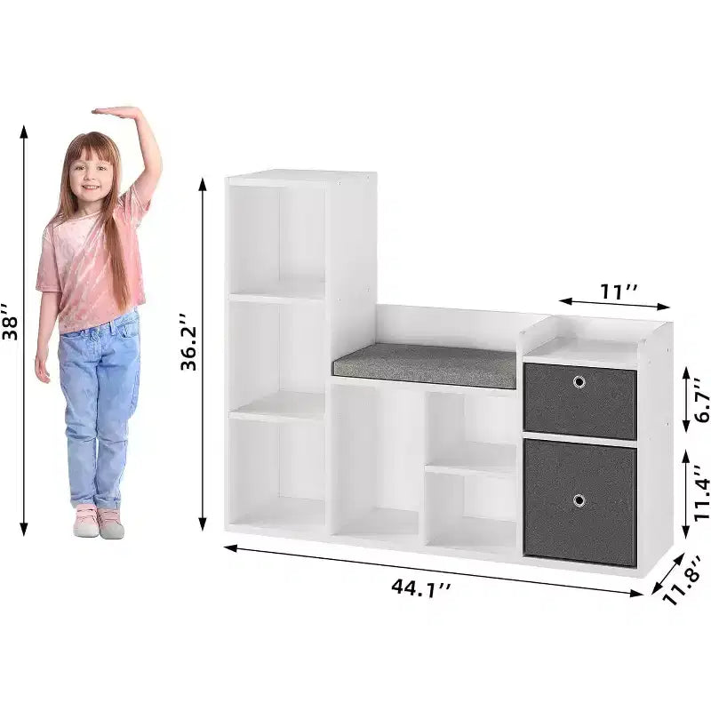 44 Inch Kids Bookshelf and Toy Storage with Reading Nook & Seat Cushion,Toy Storage Organizer with 6 Cubby and 2 Extra Drawers,for Playroom Kid Room