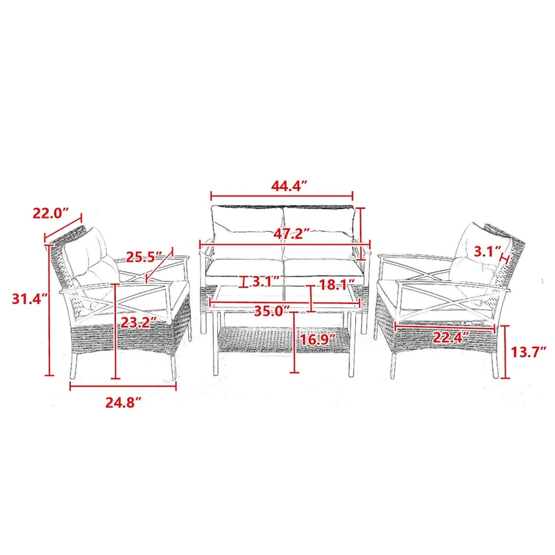 Grey Wicker Patio 4-piece Sectional Dining Conversation Sofa Set