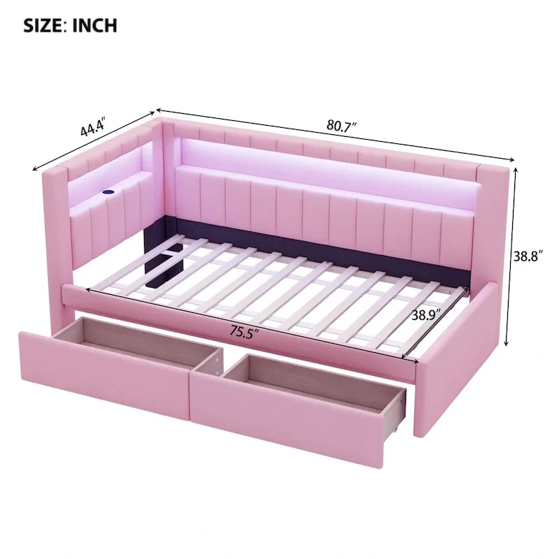 Lit plateforme rembourré avec ports USB et éclairage LED - Cadre de lit double/simple avec 2 tiroirs de rangement - Chambre moderne