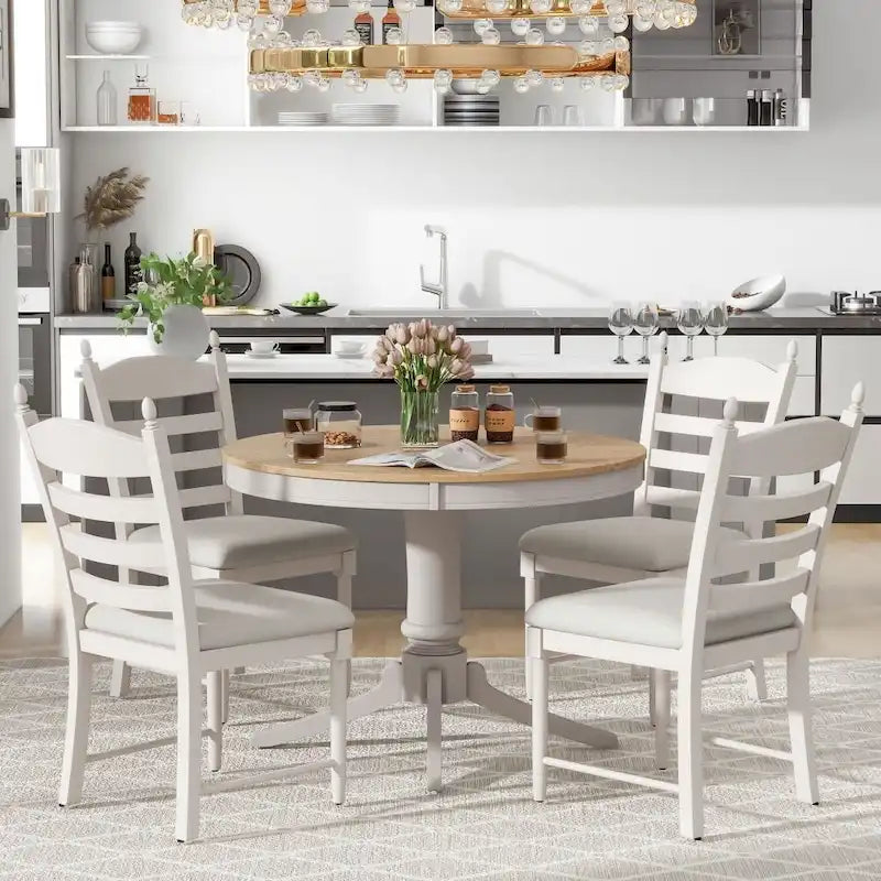 5-Piece Retro Functional Dining Table Set Wood Round Extendable Dining Table and 4 Upholstered Dining Chairs