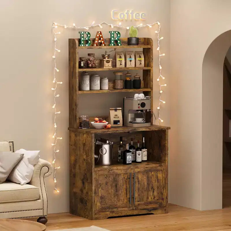 Farmhouse Microwave Stand with Power Outlet & USB Ports, Thickened Countertop, Kitchen Appliance Organizer for Living Room, Dining Area