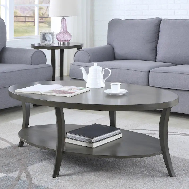Oval Birch Wood Veneer Coffee Table with Lower Shelf