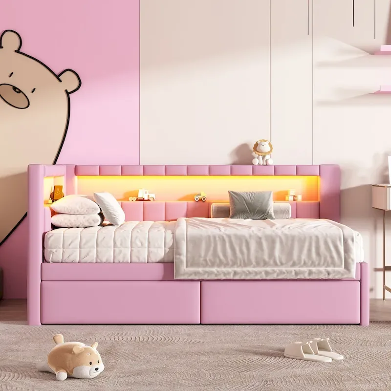 Lit plateforme rembourré avec ports USB et éclairage LED - Cadre de lit double/simple avec 2 tiroirs de rangement - Chambre moderne