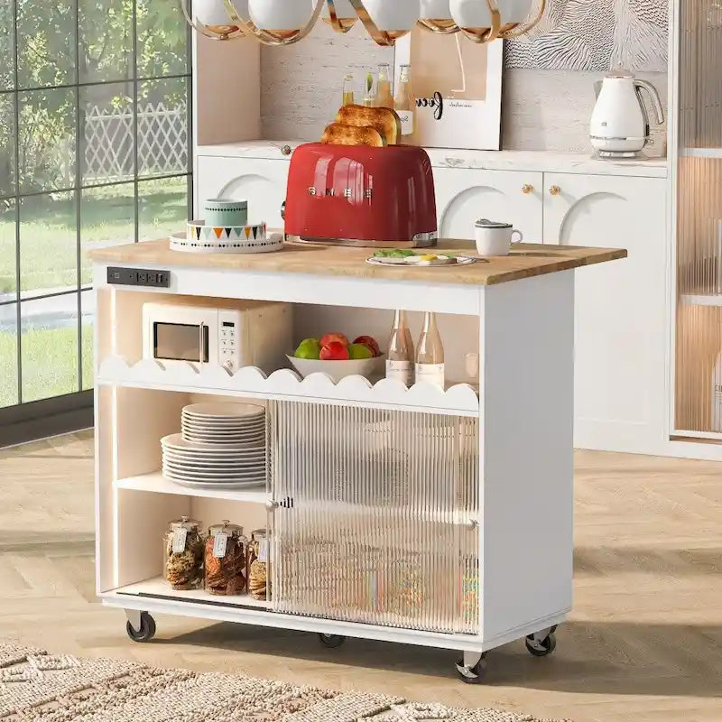 Rolling Kitchen Island with LED Lights Sliding Glass Doors Drop Leaf Top and Power Outlets