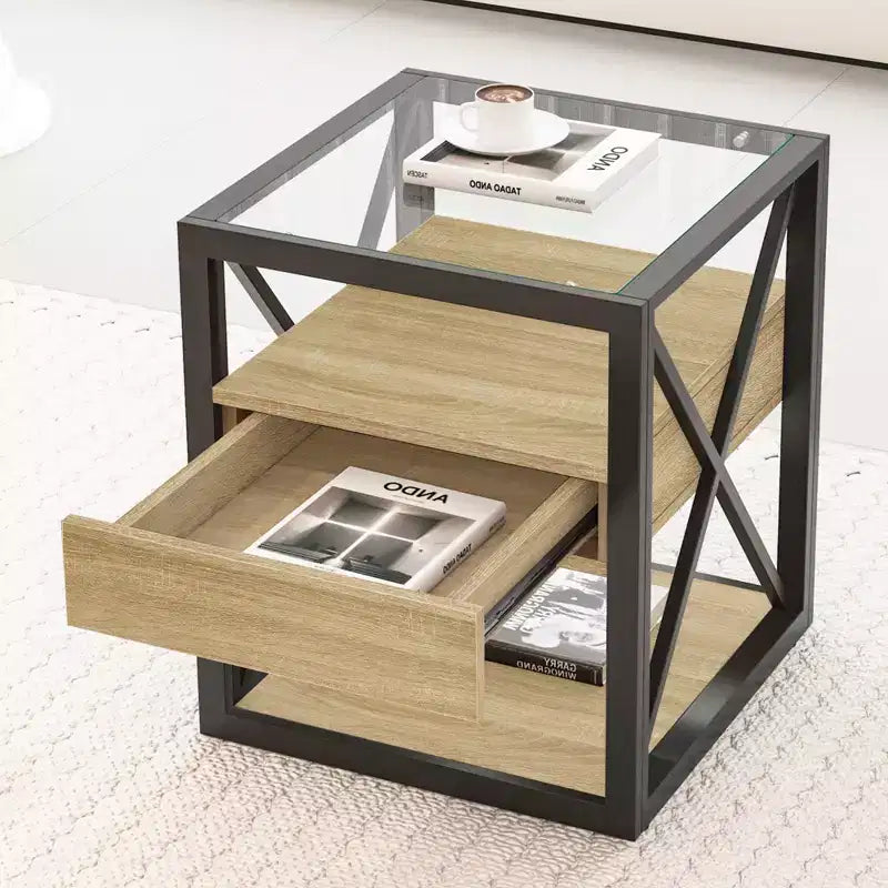 Set of 2 Nightstand with Drawer&Tempered Glass Top, Industrial End Table Accent Table Side Table-Modernluxe